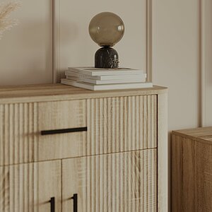 дуб сонома Комод 76.03 Фиделия # (дуб сонома / ДВПО: белый / ПВХ дуб сонома светлый / профиль: Masa Decor дуб сонома)