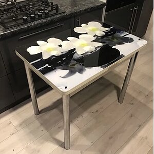 Орхидея на камнях/ Бетон белый/ Хром Стол обеденный поворотно раскладной Система мебели СИМПЛ фотопечать