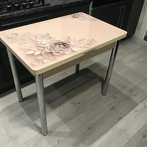 Кофейные цветы/ Дуб молочный/ Хром Стол обеденный поворотно раскладной Система мебели СИМПЛ фотопечать