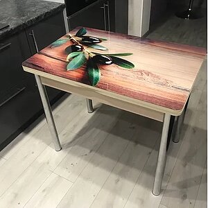 Маслины/ Дуб молочный/ Хром Стол обеденный поворотно раскладной Система мебели СИМПЛ фотопечать