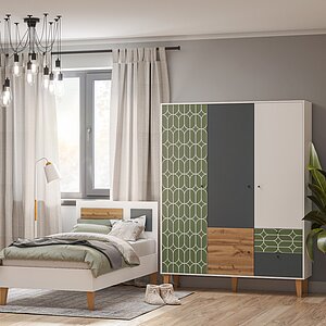 белый шелк/серый, дуб вотан Кровать Mebwill Story, белый шелк