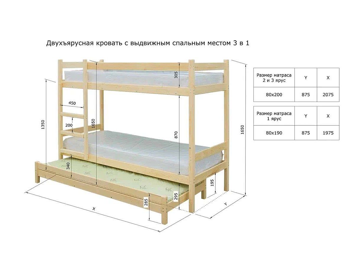 Двухъярусная кровать с выдвижным спальным местом 3 в 1