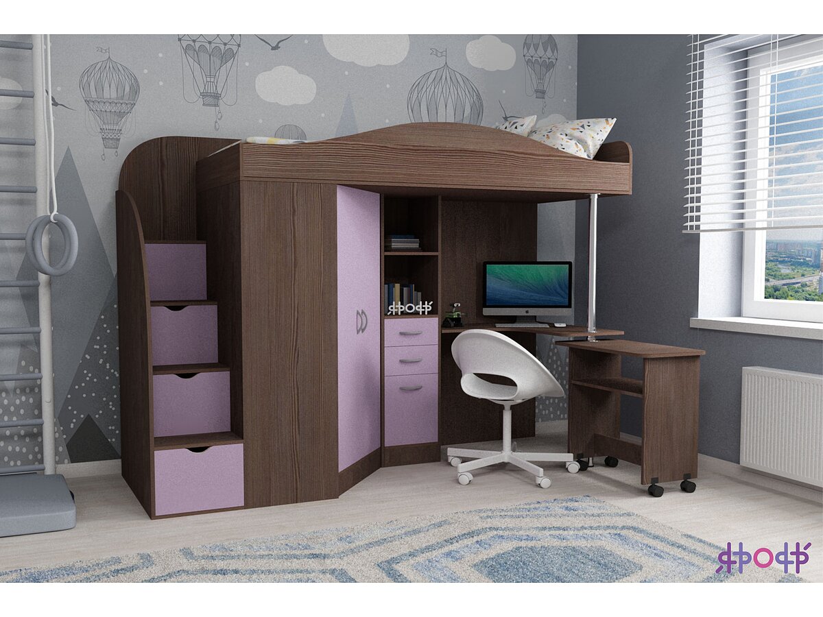 Анкор темный/Ирис Кровать-чердак Ярофф Юниор 4, ирис