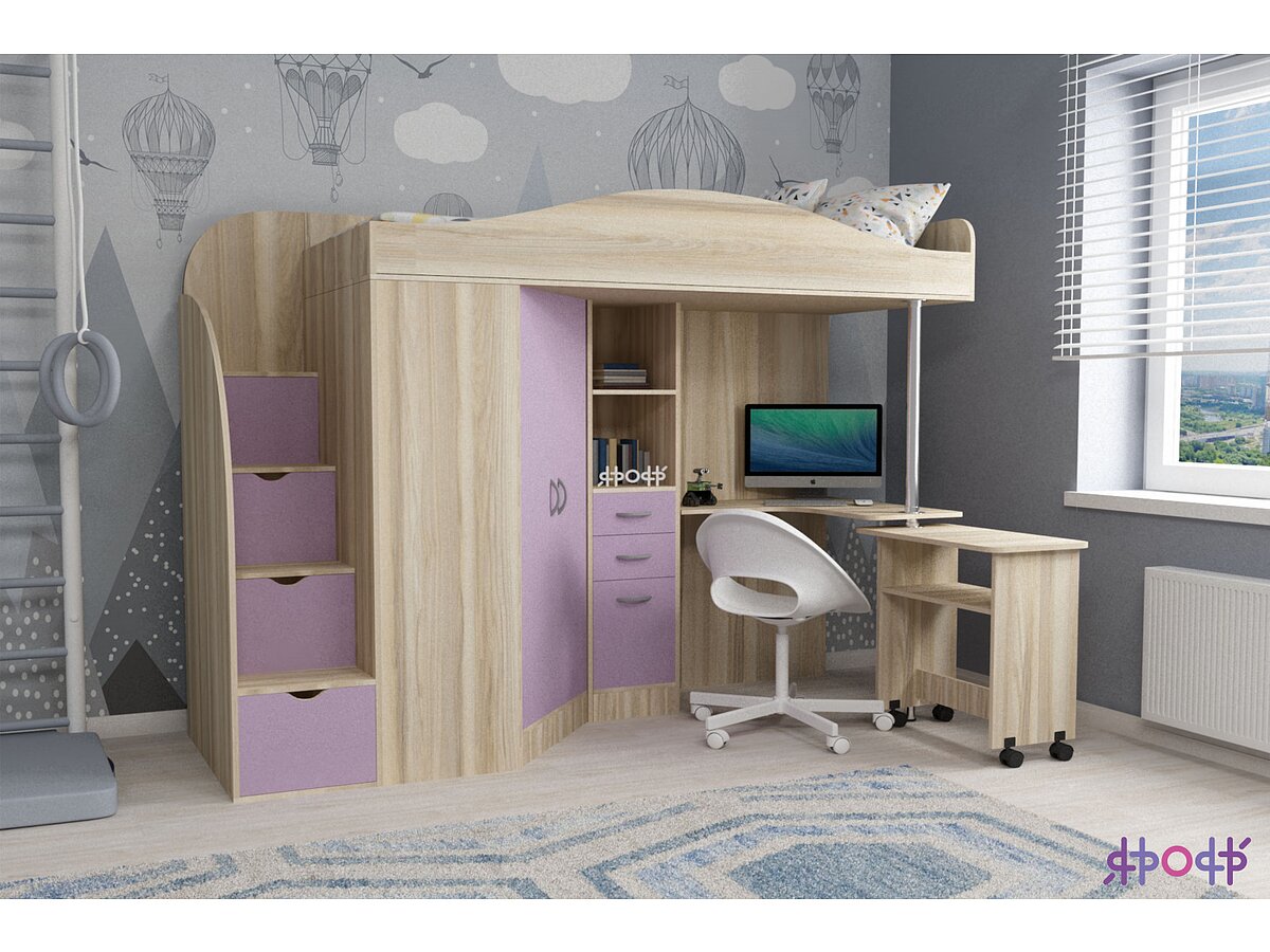 Дуб сонома/Ирис Кровать-чердак Ярофф Юниор 4, ирис