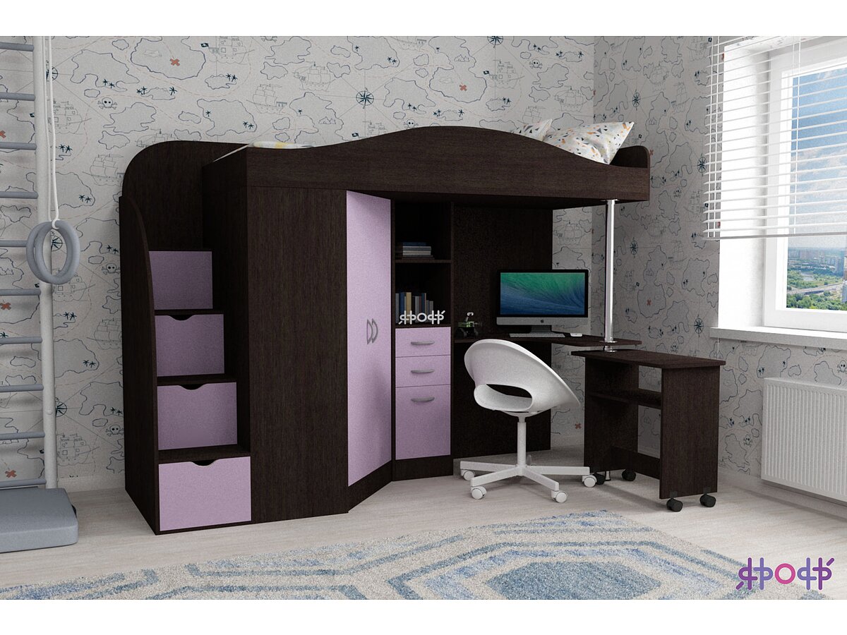 Венге/Ирис Кровать-чердак Ярофф Юниор 4, ирис