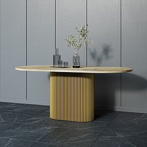 Орех столешница / Золотая опора Обеденный стол Genglass Trubis Wood овальный 200х90 см