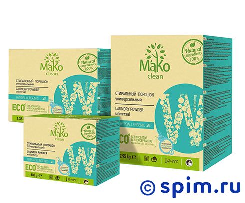 Порошок стиральный MaKo clean White отбеливающий (1350 г) Порошок стиральный MaKo clean White отбеливающий (1350 г)Бесфосфатные порошки<br>Гипоаллергенный бесфосфатный эко-порошок для ручной и машинной стирки и отбеливания вещей, не требующих специального ухода. Порошок безопасный, без хлора, фосфатов, запаха, не вызывает аллергии и раздражения, полностью выполаскивается из ткани.<br>