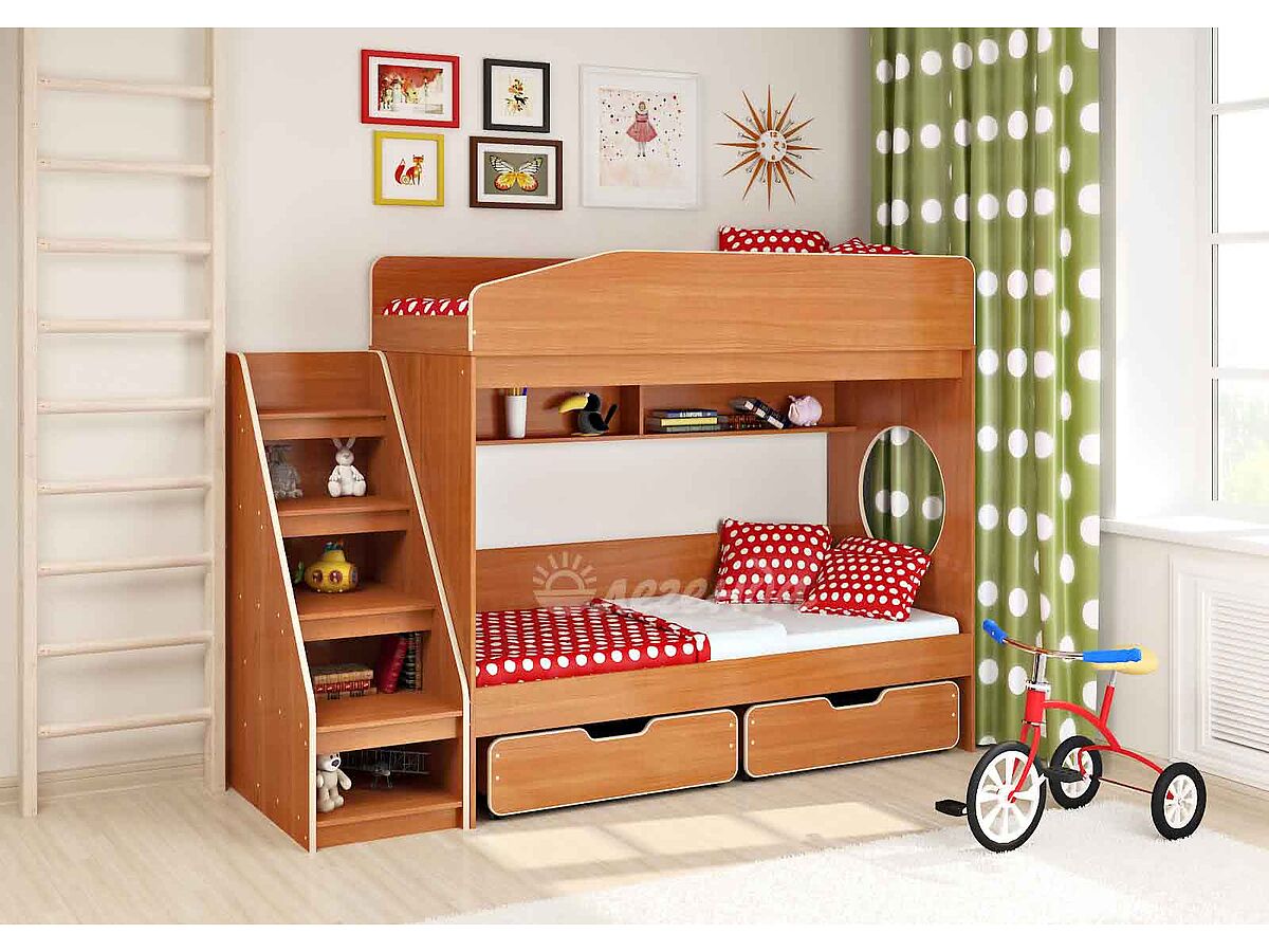 кровать детская двухъярусная с лестницей и ящиками
